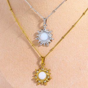 18K Gold Stainless Steel Opal Sun Pendent Dainty Chain Necklace